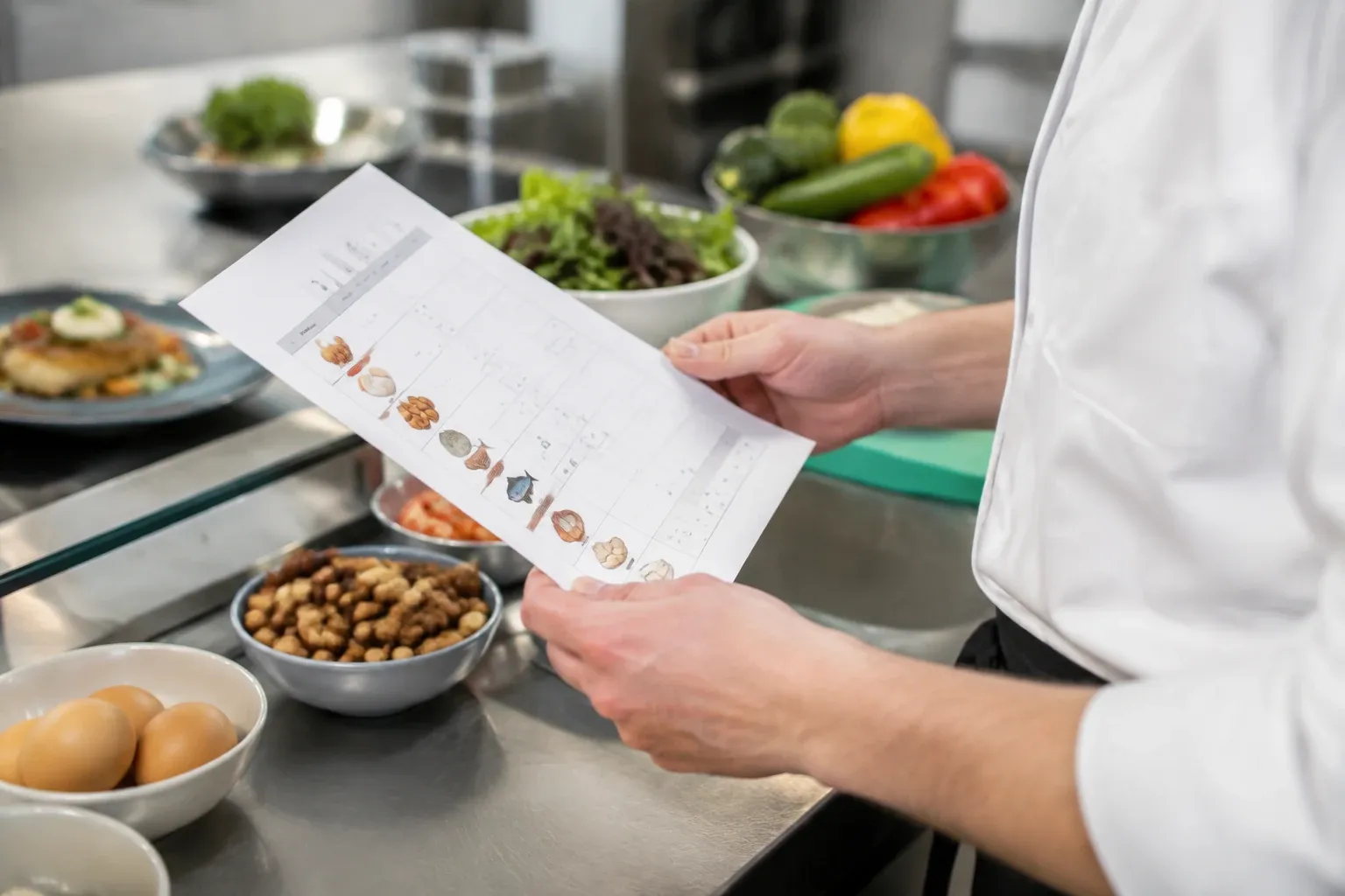 Kok leest allergenenlijst naast kommen met eieren, noten en salade in professionele keuken