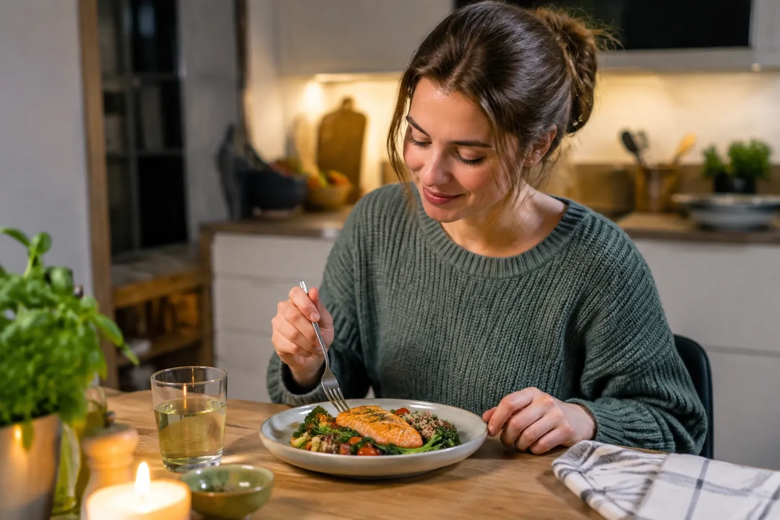 Vrouw eet zalm met groenten en quinoa aan verlicht keukentafel, kaarslicht aanwezig