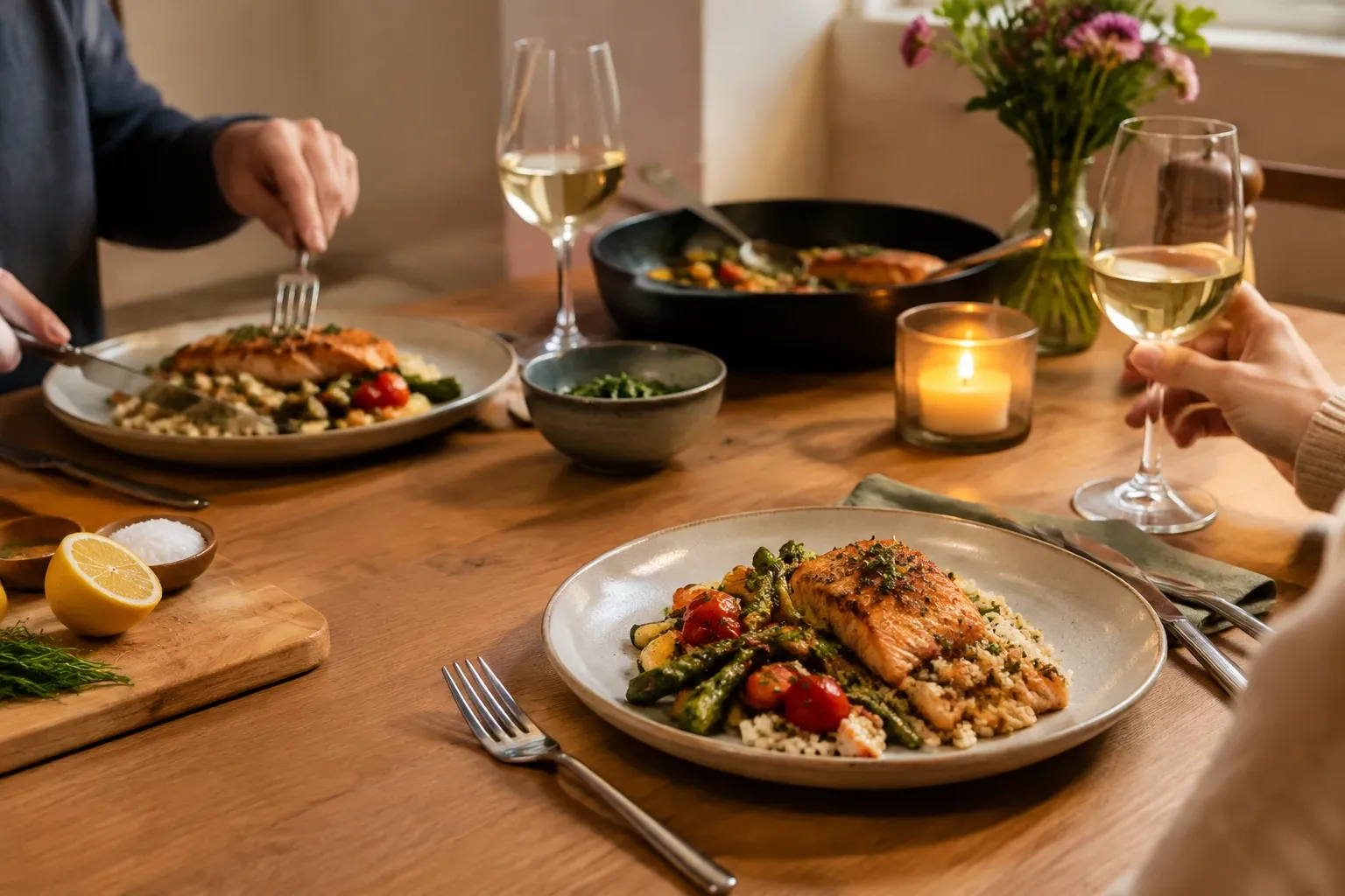 Twee borden met zalm, asperges en risotto, twee glazen witte wijn en kaarslicht