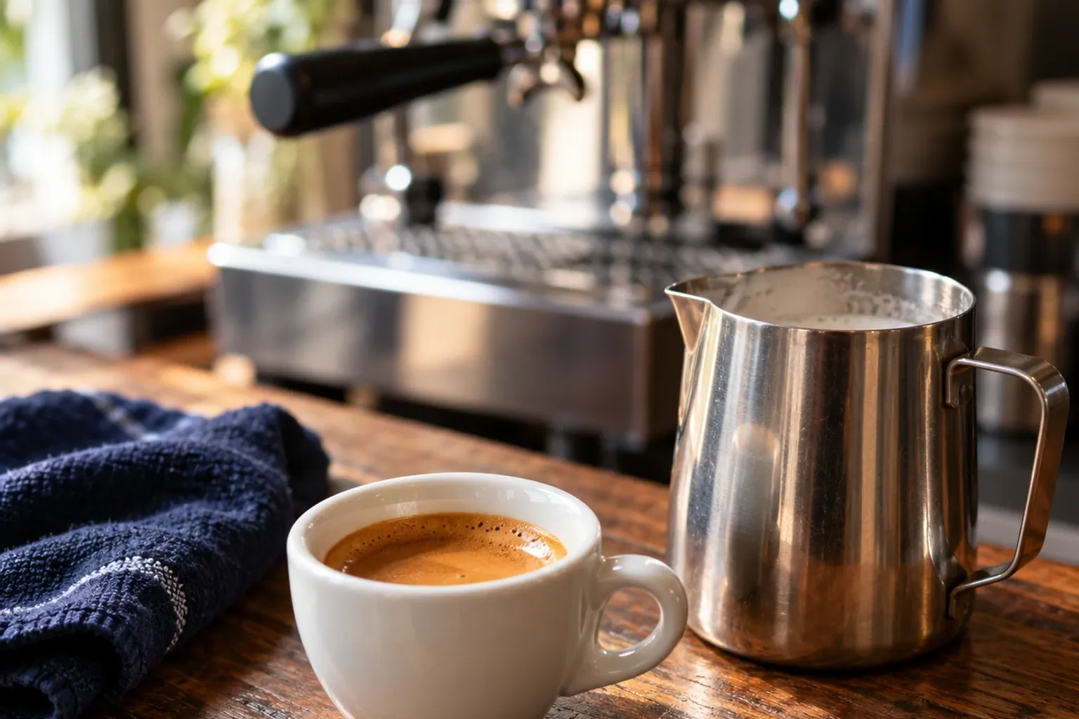 Espresso in wit kopje naast stalen melkkannetje en espressomachine op bar