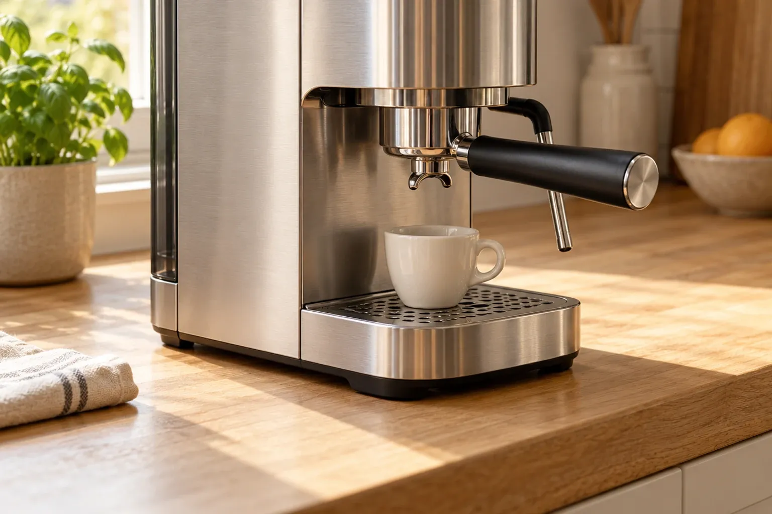 Rvs espressomachine op houten aanrecht met klein kopje onder de zetgroep