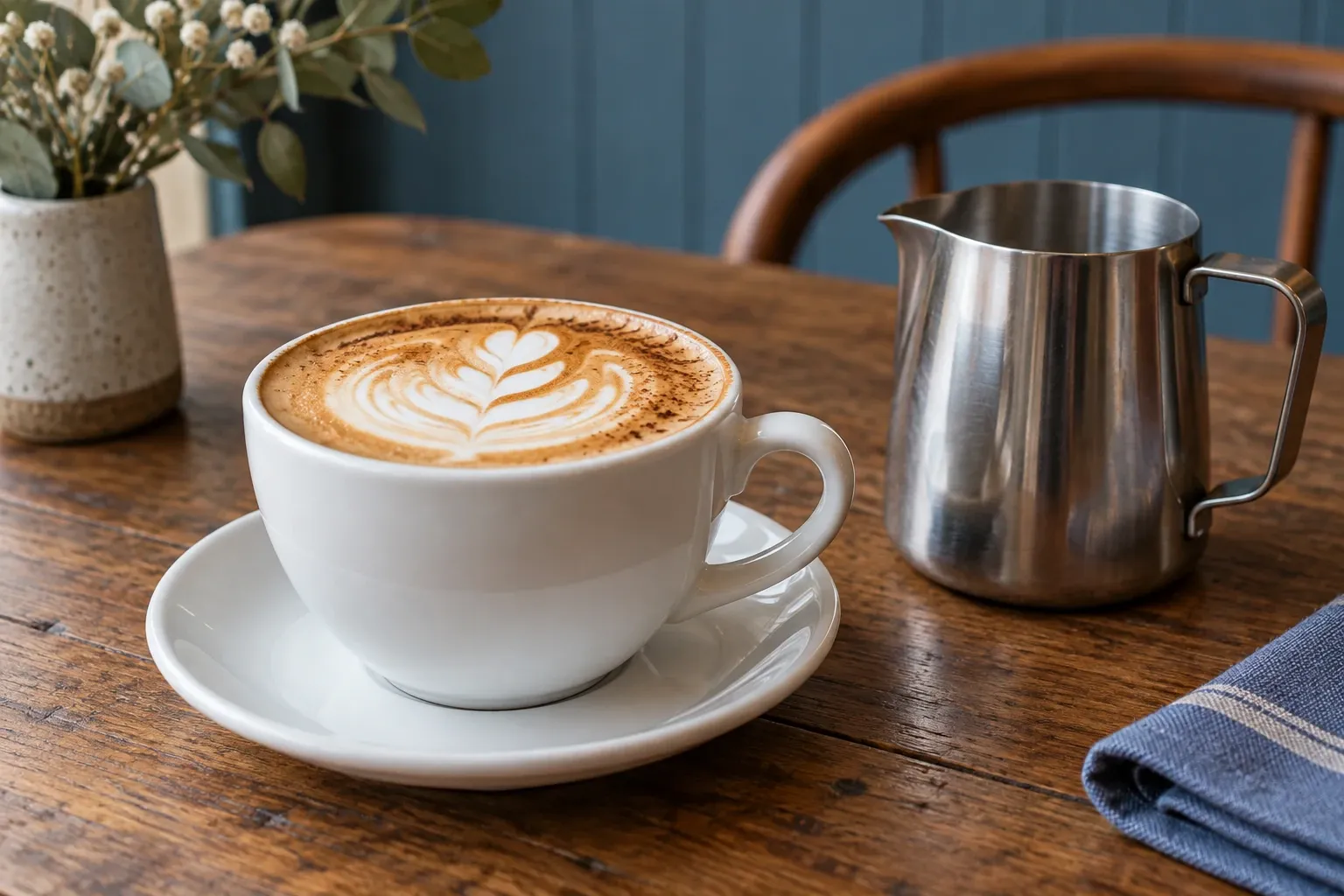 Witte cappuccino met latte art op houten tafel naast melkkan en servet