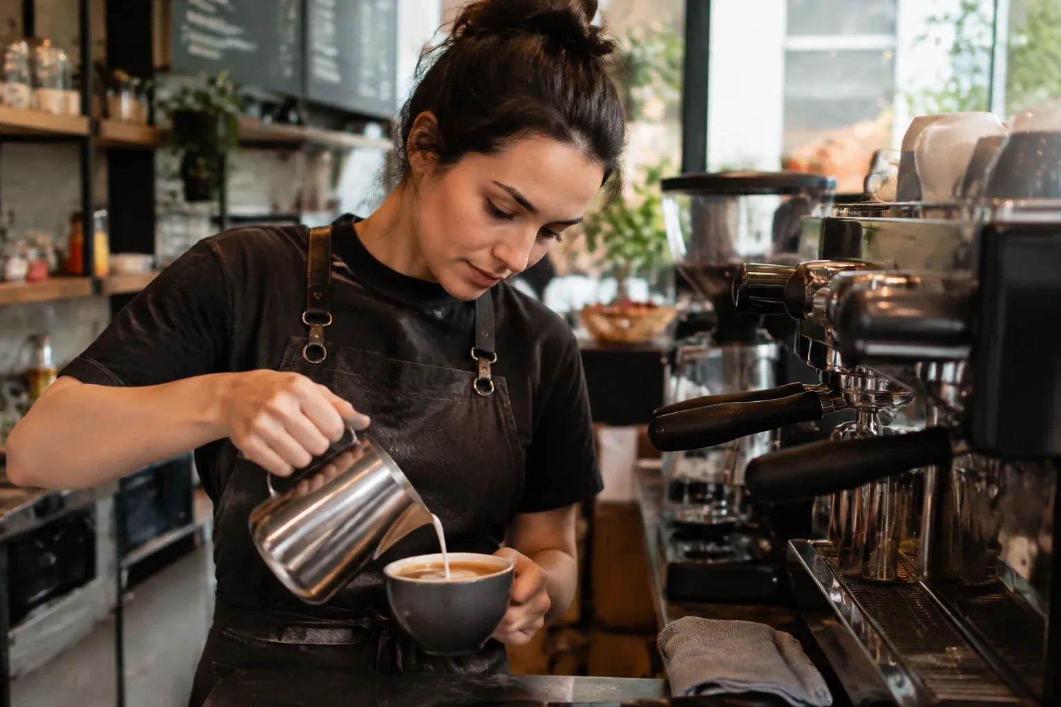 Barista giet melkschuim in cappuccino bij espressomachine in koffiebar, geconcentreerd gezicht
