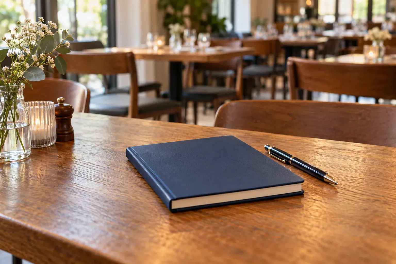 Blauw notitieboek en pen op houten restauranttafel met lege stoelen en tafels in achtergrond