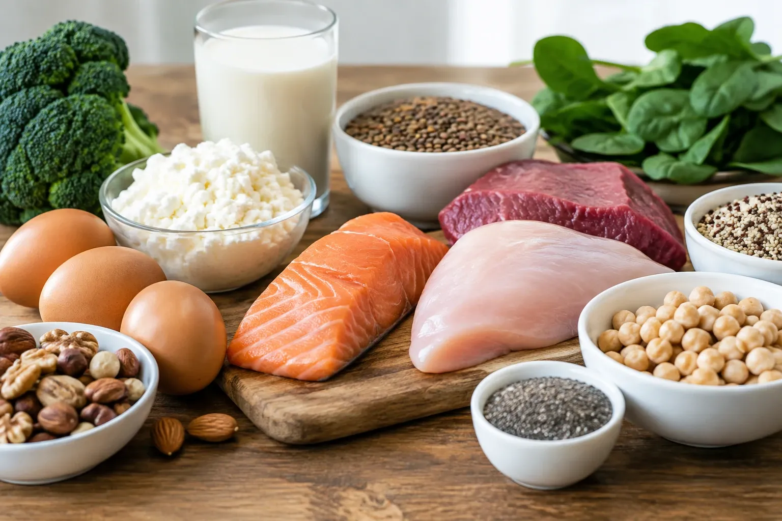 Verschillende eiwitrijke voedingsmiddelen op houten tafel: zalm, kip, biefstuk, eieren, kwark, noten, melk