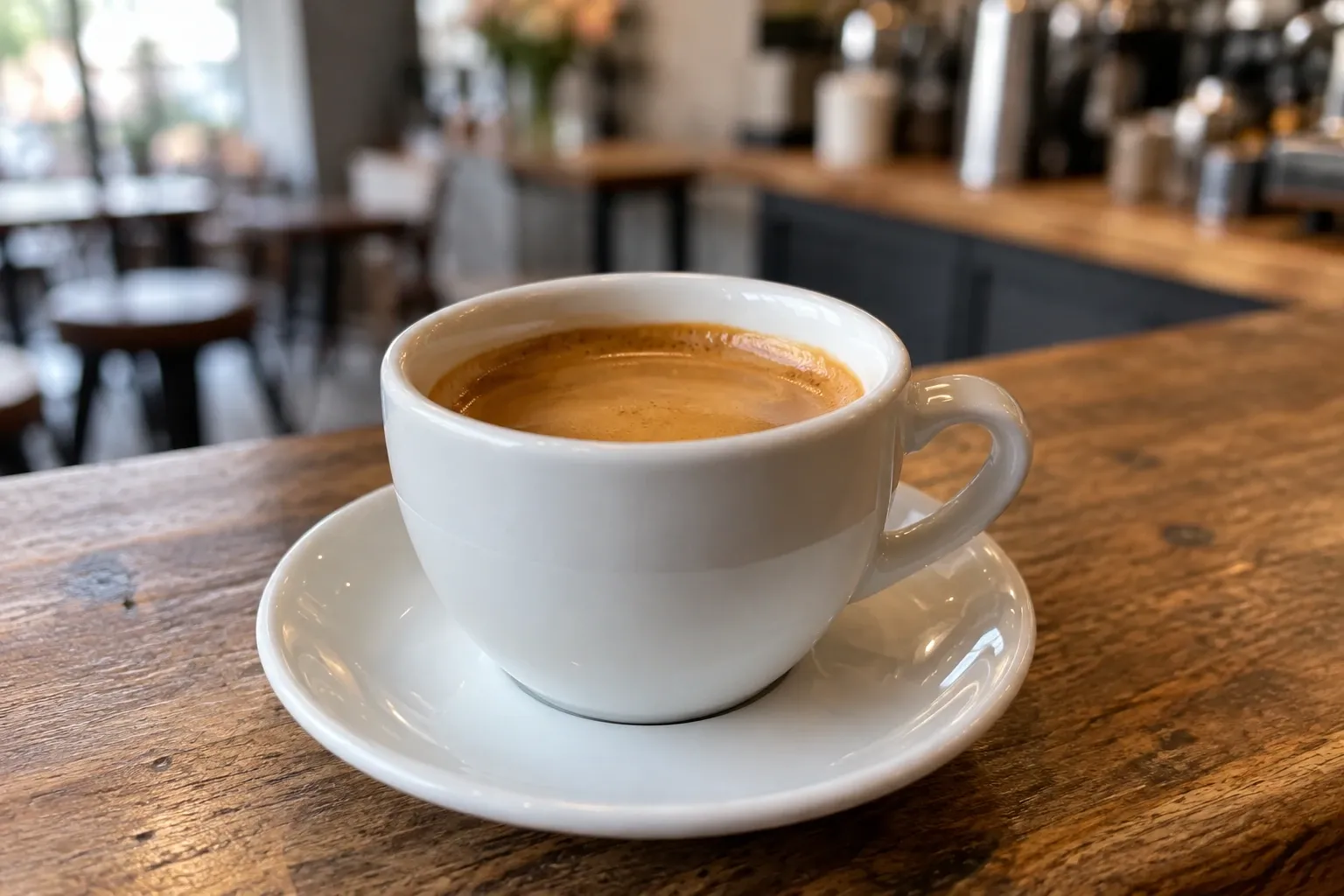 Witte kop espresso met crema op houten bar in sfeervol koffiehuis