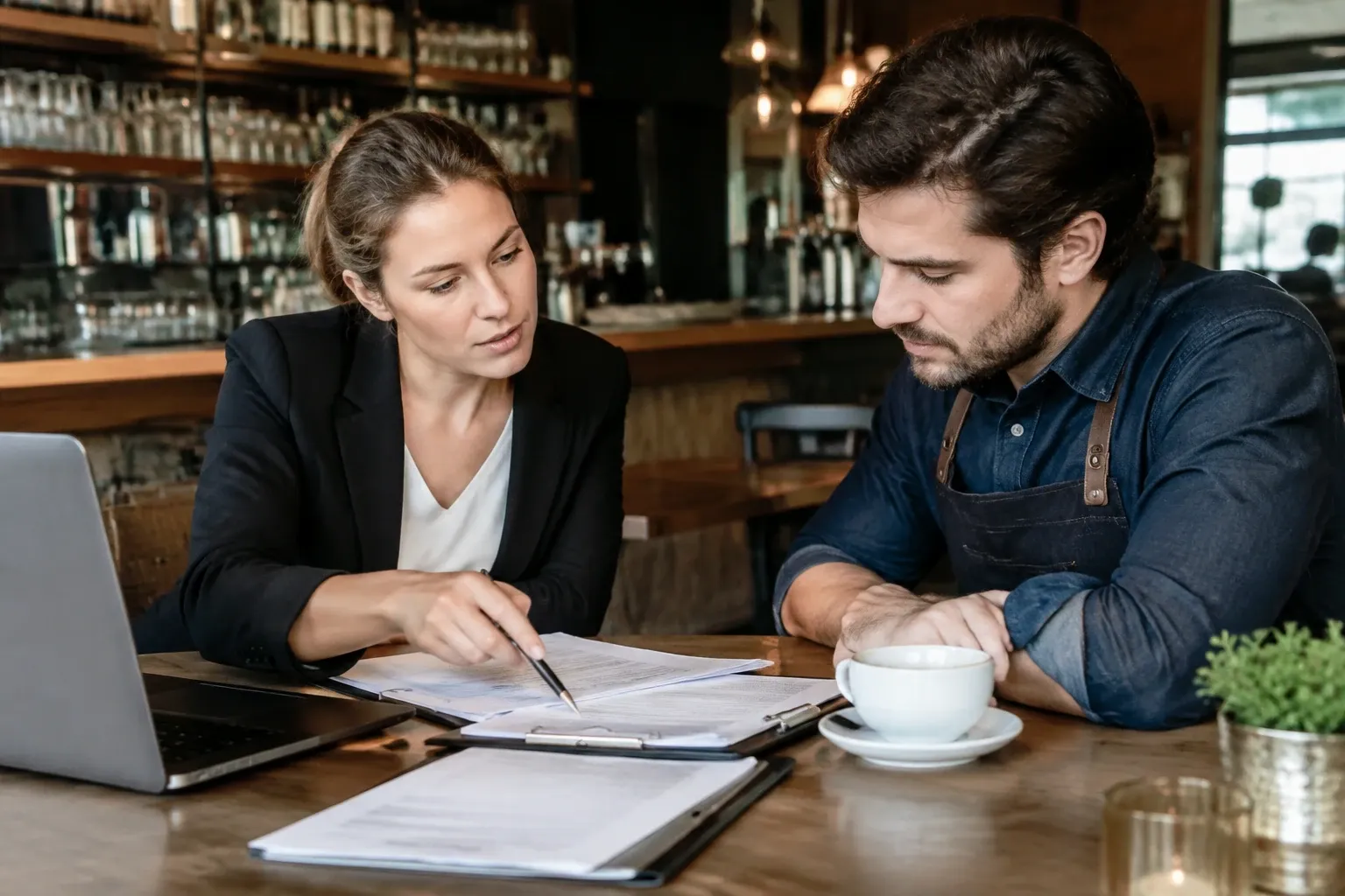 Zakenvrouw bespreekt papieren met café-eigenaar aan tafel met laptop en koffie