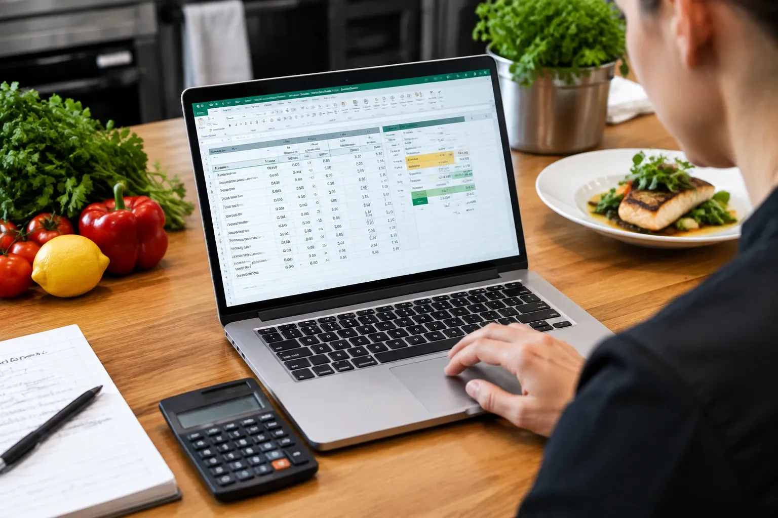 Persoon werkt aan Excel-voedselkosten op laptop met rekenmachine en bord maaltijd nearby