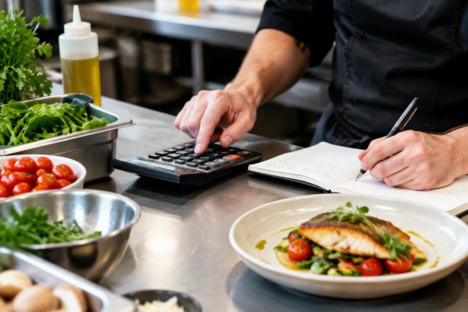 Kok berekent foodcost met rekenmachine en notitie naast bord met gegrilde zalm en groenten