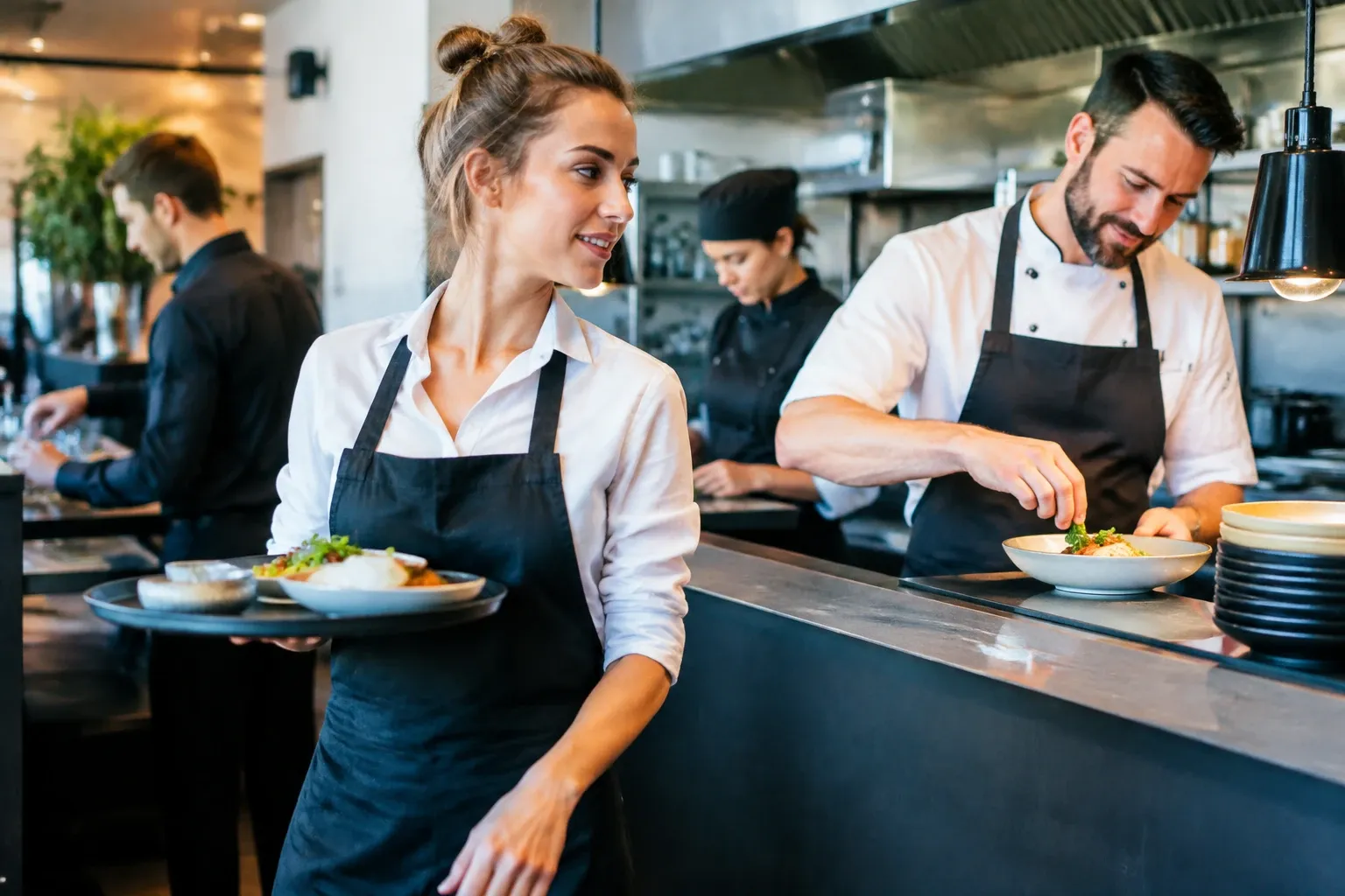 Serveerster draagt borden met gerechten terwijl kok gerechten afwerkt in drukke professionele keuken