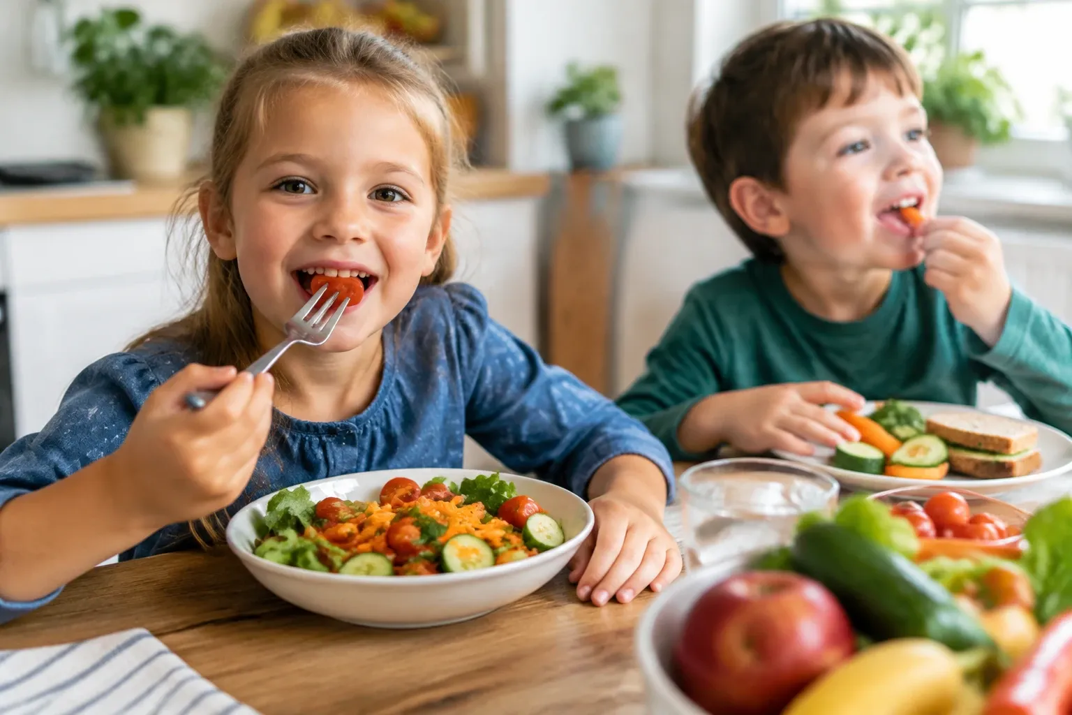 Jong meisje en jongen eten salade met cherrytomaatjes en komkommer aan tafel