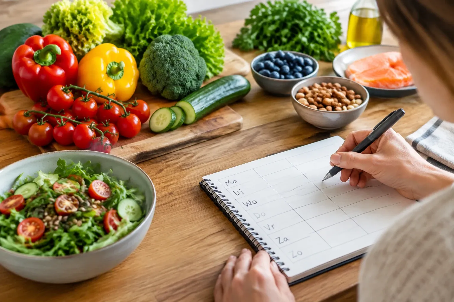 Persoon vult weekmenu in naast salade, groenten, noten en zalm op houten tafel