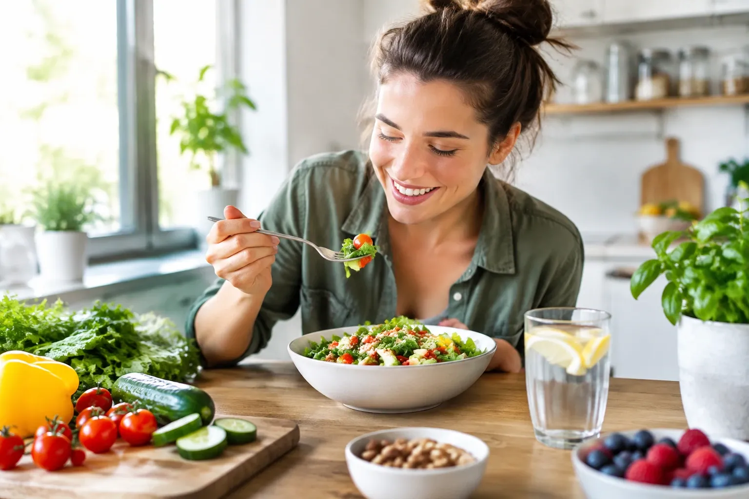 Vrolijke vrouw eet frisse groentensalade aan tafel met glas citroenwater