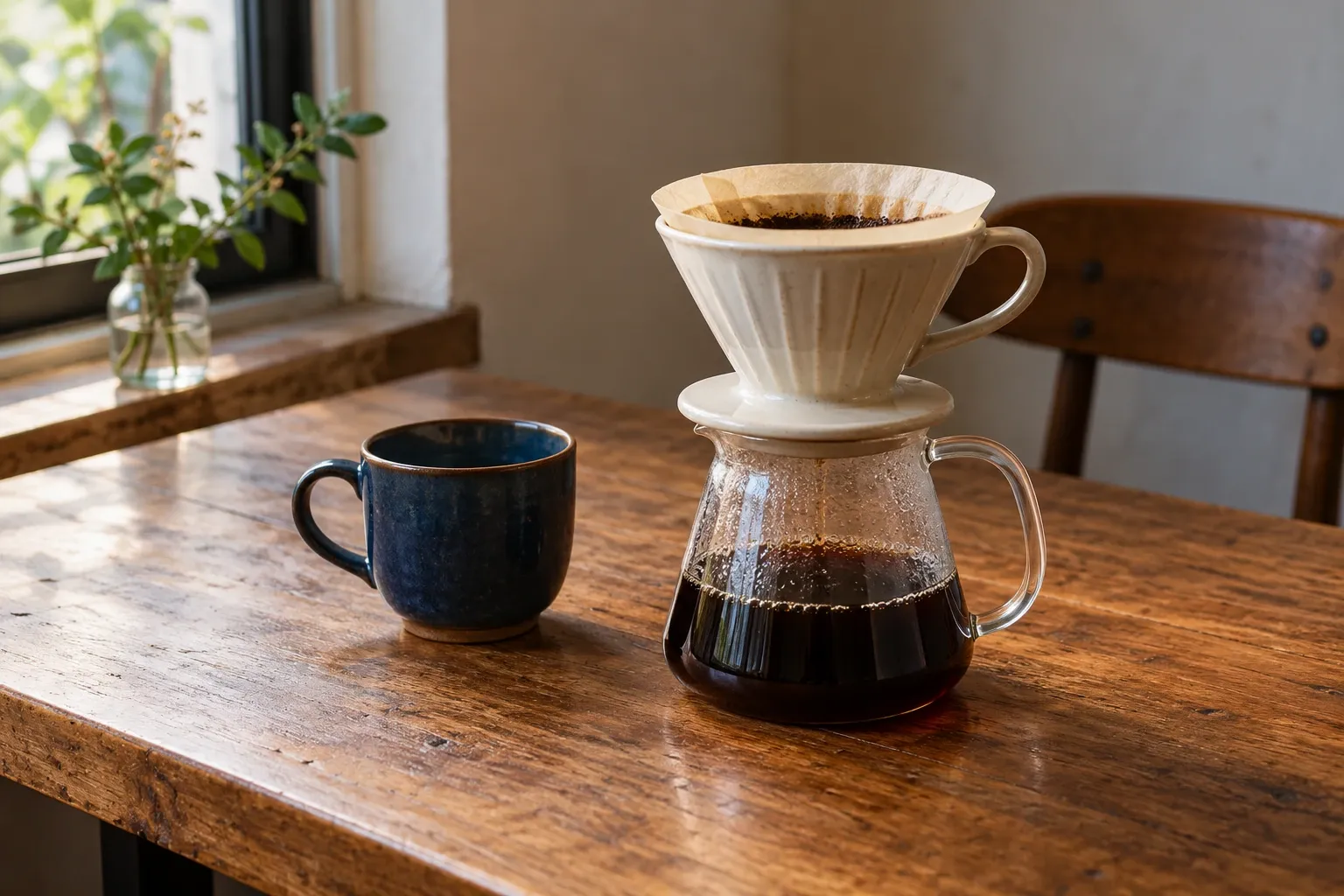 Keramische V60 dripper op karaf met vers gezette filterkoffie naast blauwe mok