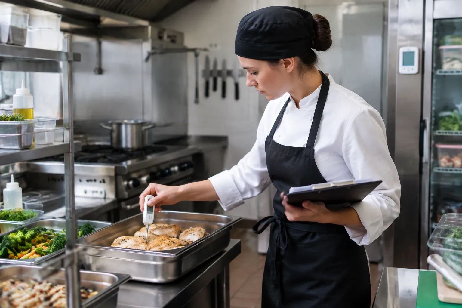 Chef controleert kerntemperatuur van kipfilets in professionele keuken met clipboard in hand