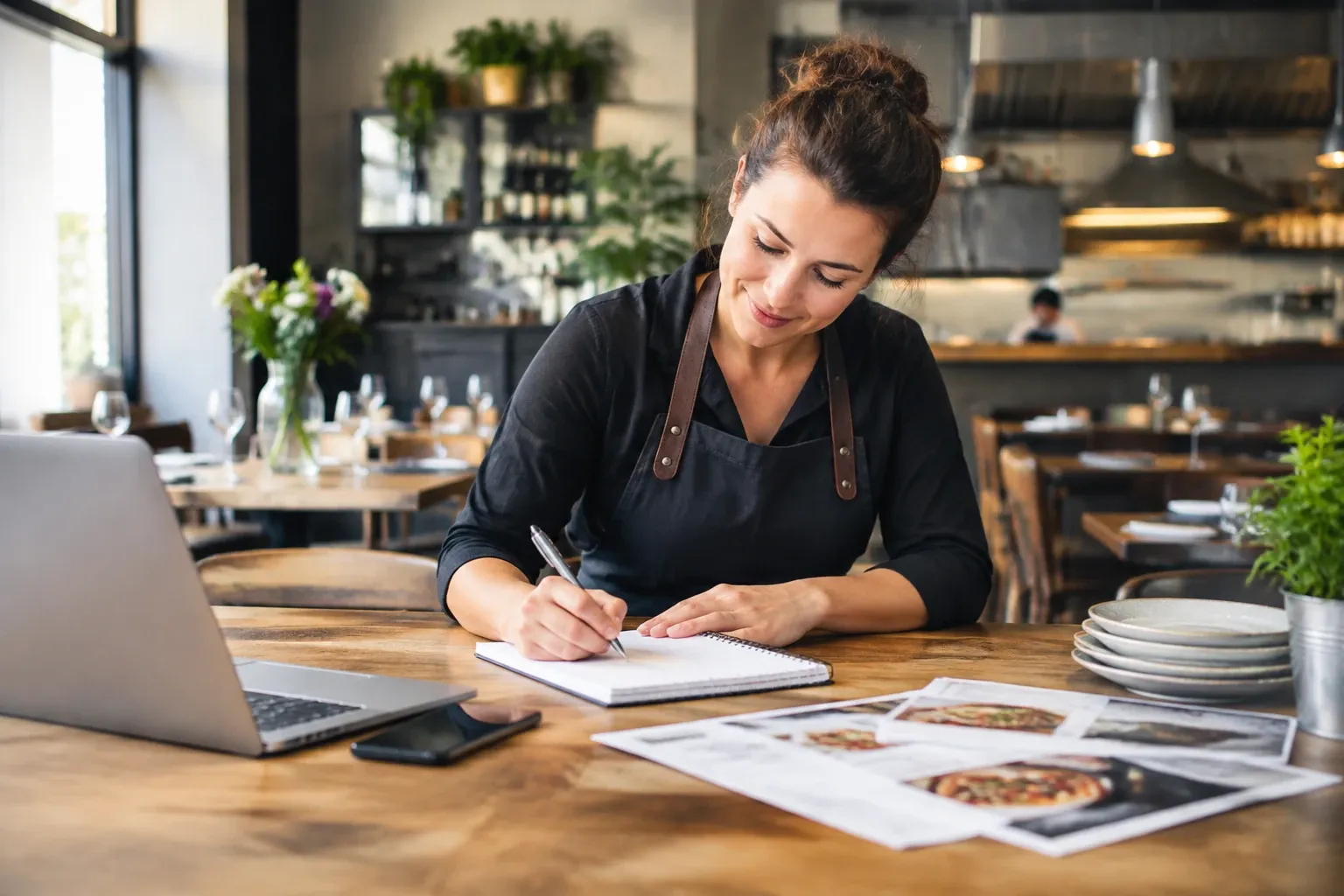 Vrouw in schort schrijft notities bij laptop en menukaarten in sfeervol restaurant