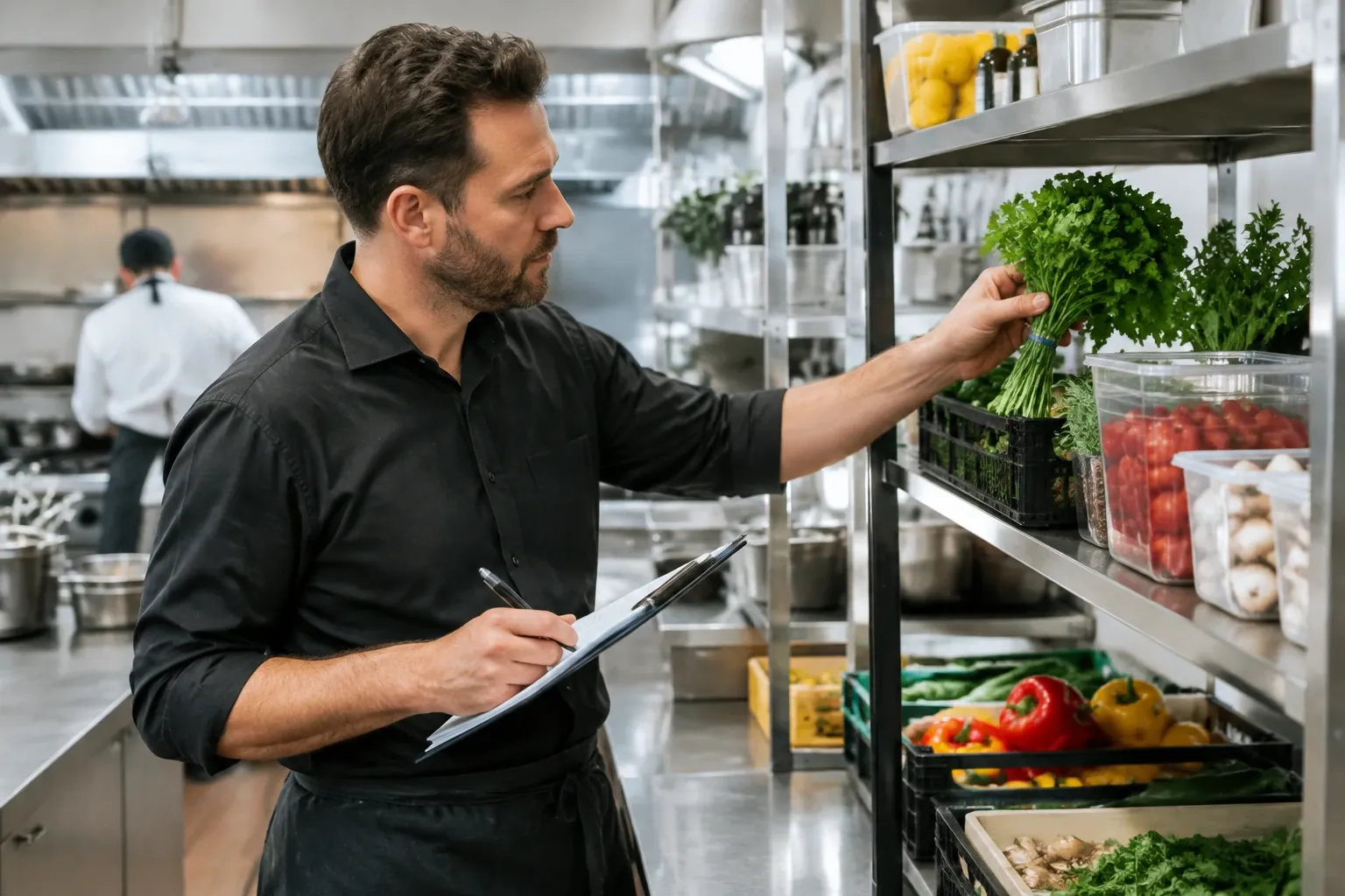 Man met clipboard controleert verse kruiden en groenten op rek in professionele keuken