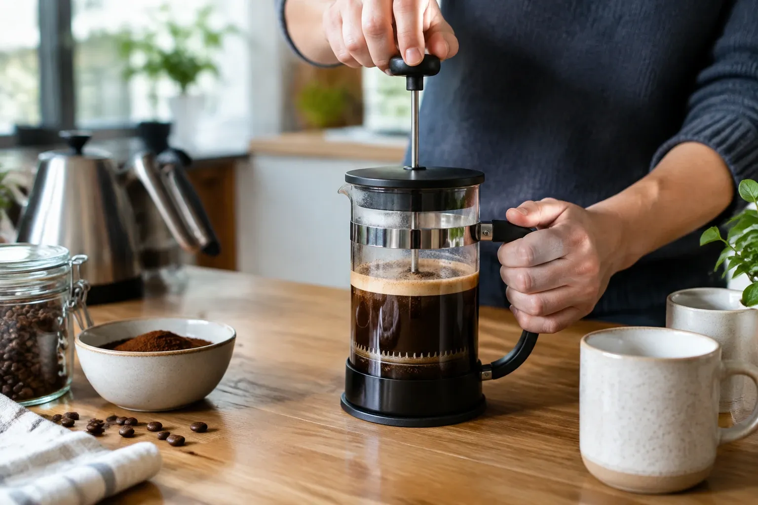 Persoon drukt cafetière met vers gezette koffie op houten keukenblad