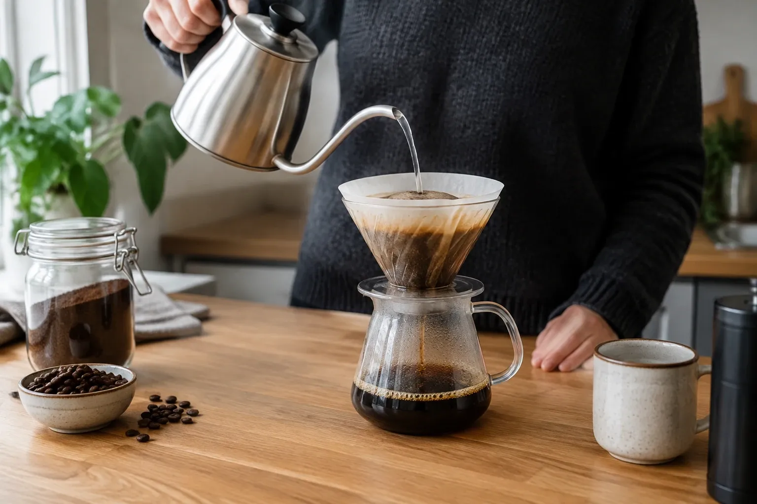 Persoon giet heet water in chemex met papieren filter en vers gemalen koffie