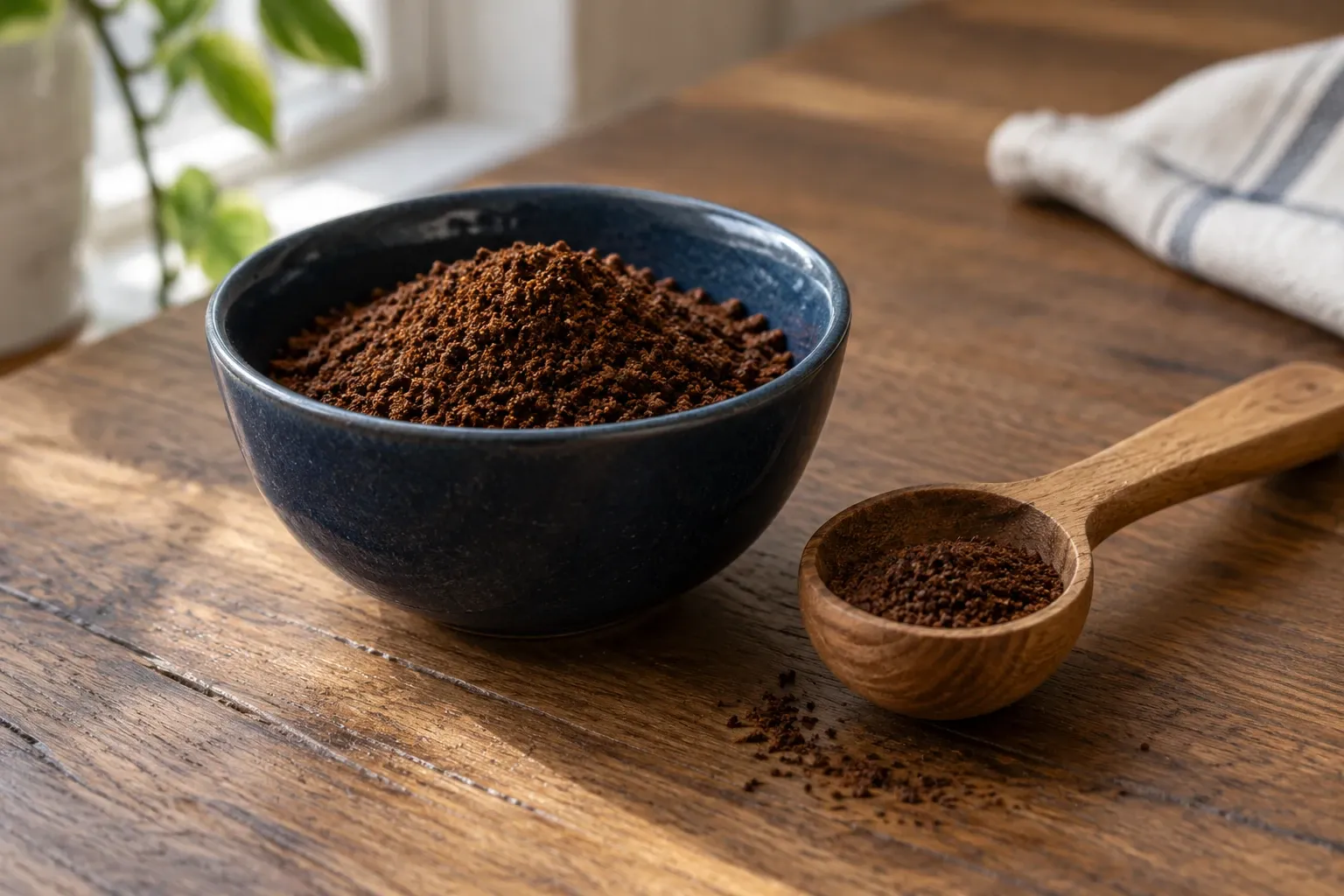 Kom met gemalen koffie in blauwe kom en houten lepel op houten tafel
