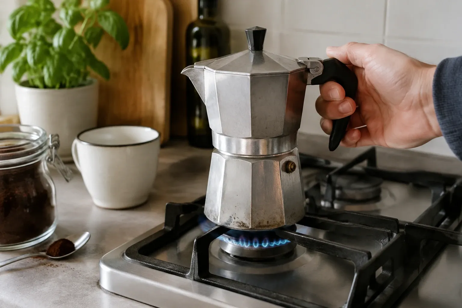 Hand houdt aluminium percolator op gaspit met blauwe vlam in keukenomgeving