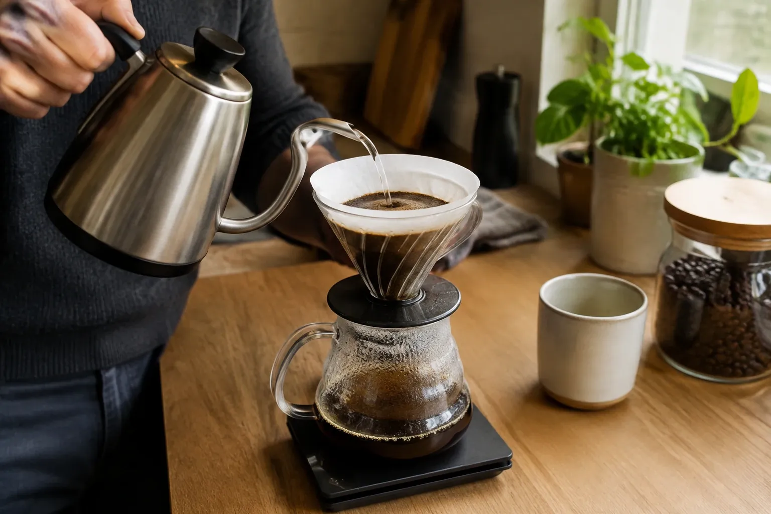 Hand giet heet water met waterkoker in papieren filter boven glazen karaf koffie zetten