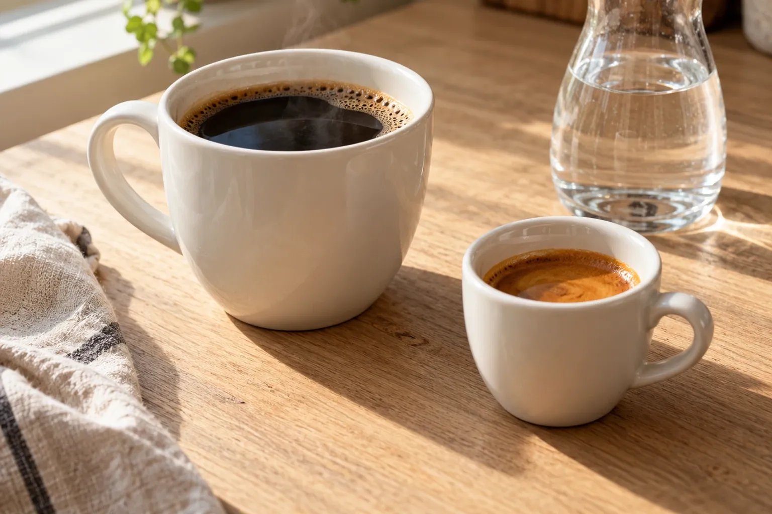 Grote mok zwarte koffie naast klein kopje espresso op houten tafel, helder daglicht vanuit raam