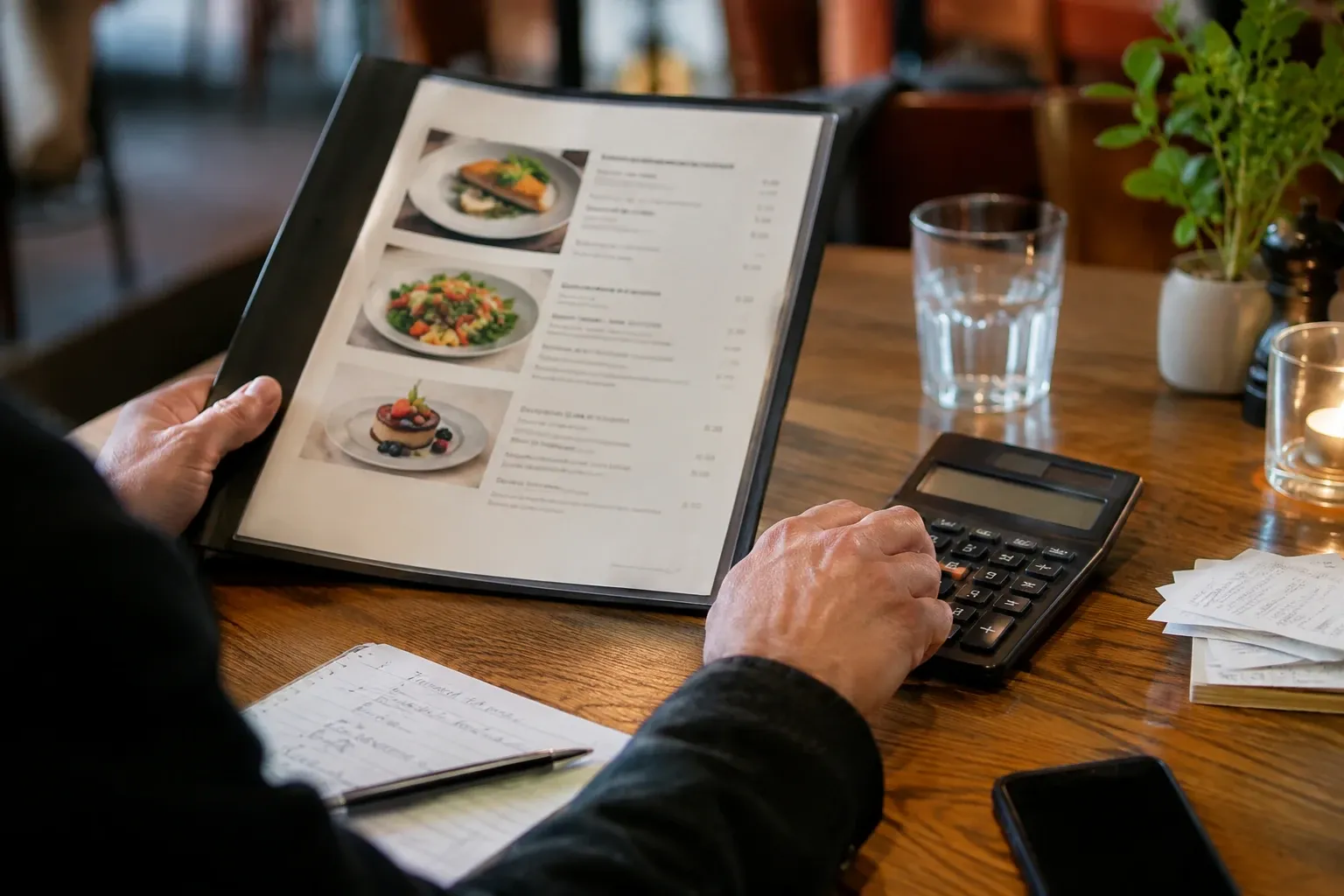 Hand bekijkt menukaart met gerechten, rekenmachine en notities op houten tafel