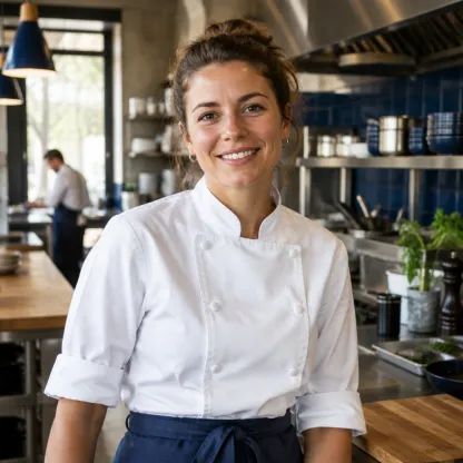 Vrouw in een witte koksjas die glimlachend in een keuken staat