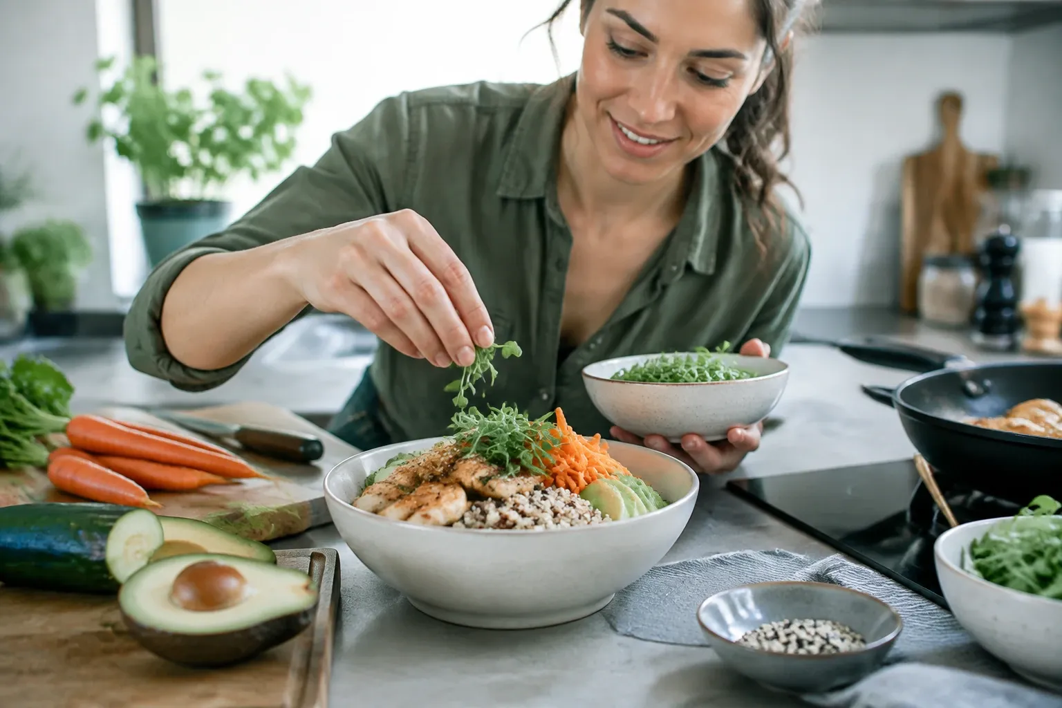 Vrouw in keuken bestrooit schaal met garnalen, quinoa, avocado en geraspte wortel