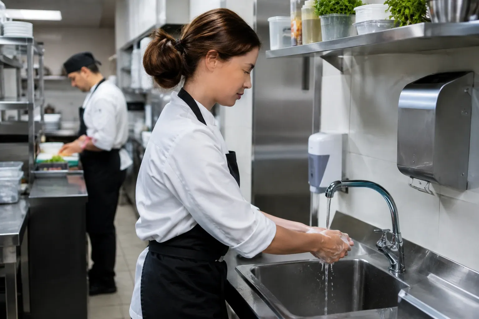 Chef wast handen bij keukenhendel tijdens bereiden, andere kok snijdt ingrediënten achtergrond
