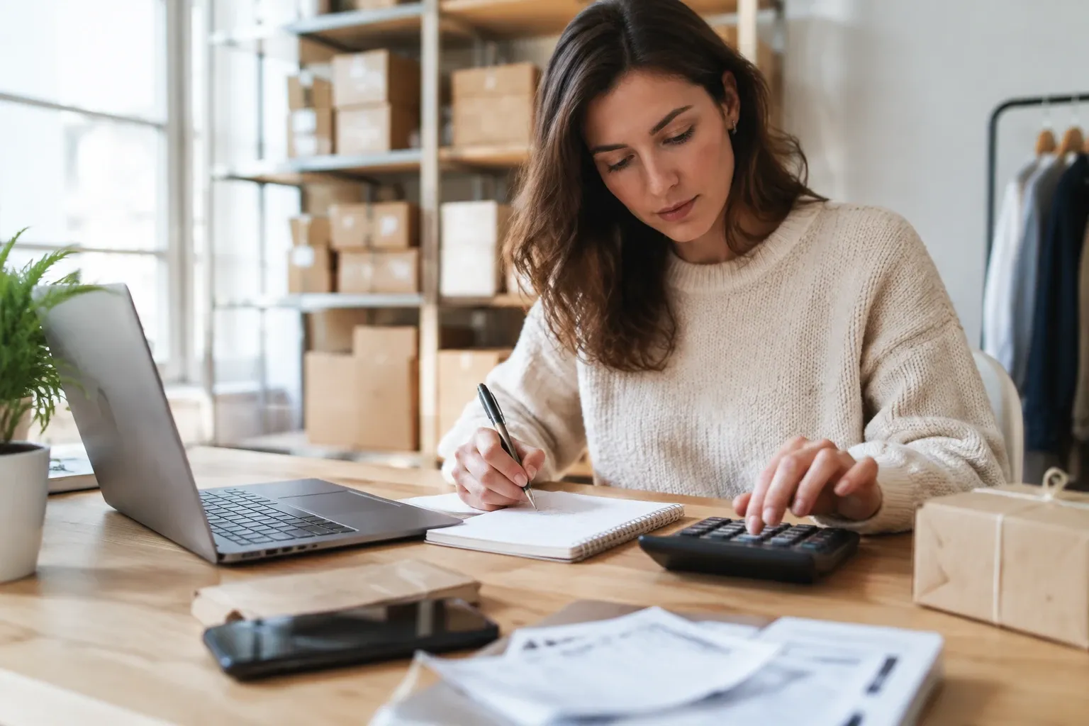 Vrouw aan bureau rekent met calculator en noteert cijfers naast laptop en dozen