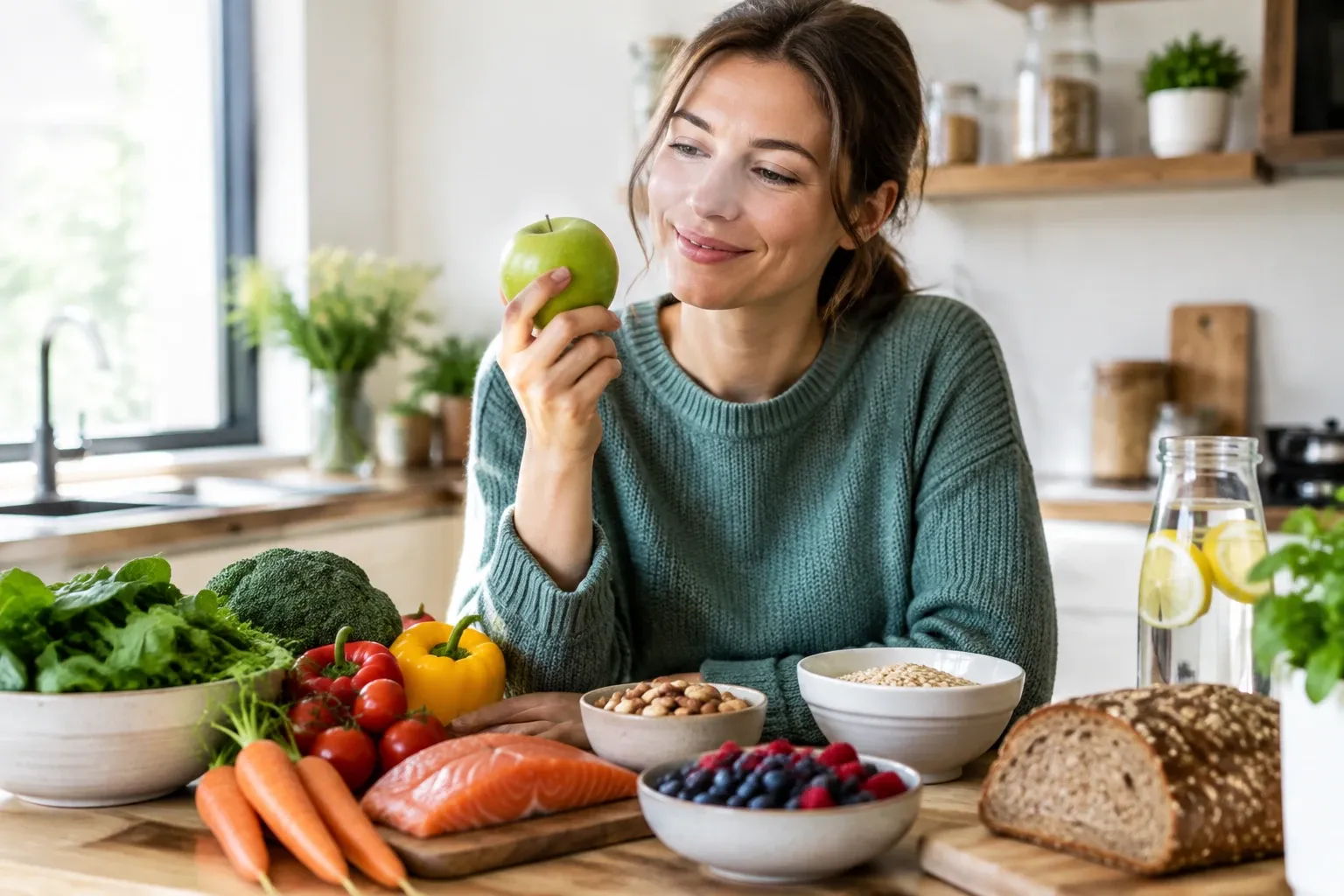 Vrouw aan keukentafel kijkt naar groene appel tussen groenten, zalm, noten en volkorenbrood